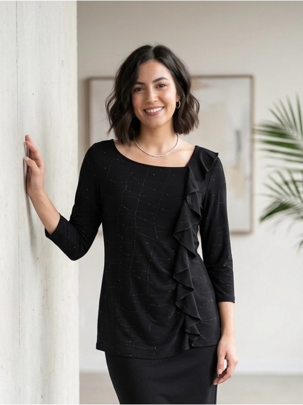Libra L Black Embellished Ruffle Top Size Large